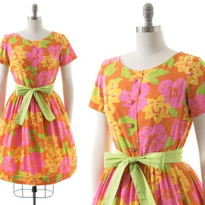 Vintage 1950s Dress | 50s MODE O&#39; DAY Lime Floral Printed Cotton Full Skirt Day Dress with Sash Belt (medium)