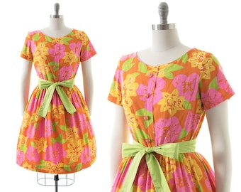 Vintage 1950s Dress | 50s MODE O' DAY Lime Floral Printed Cotton Full Skirt Day Dress with Sash Belt (medium)