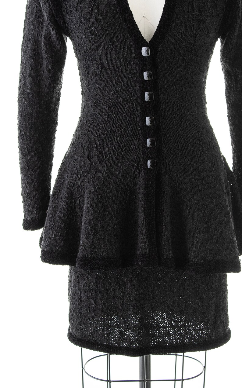 Vintage 1980s Skirt Suit 80s Jet Black Chenille Knit Peplum Jacket Pencil Skirt Two Piece Matching Set small/medium image 6