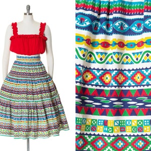 Vintage 1950s Skirt | 50s Southwestern Geometric Striped Printed Cotton Tiered Full Swing Skirt (small)
