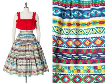 Vintage 1950s Skirt | 50s Southwestern Geometric Striped Printed Cotton Tiered Full Swing Skirt (small)