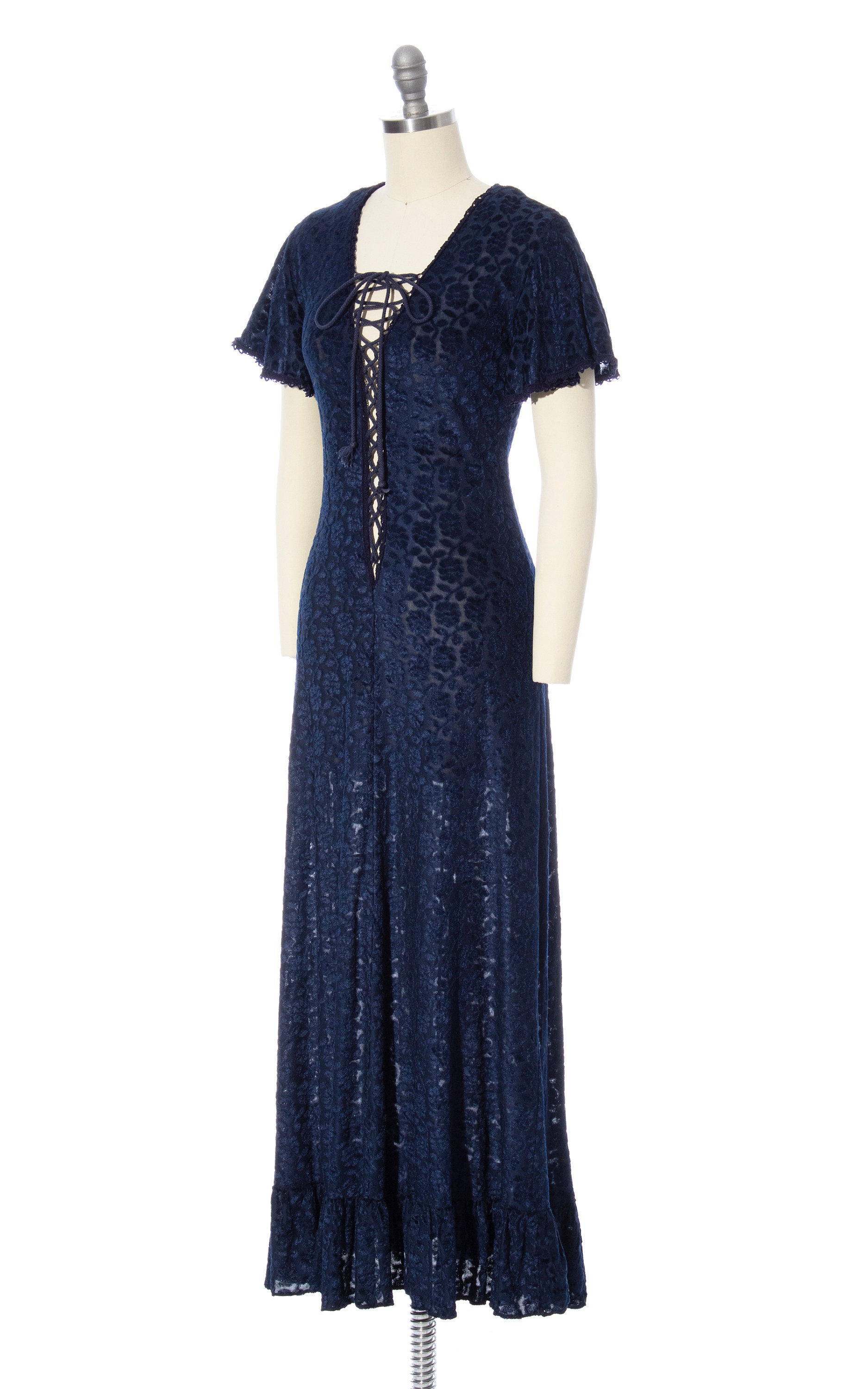 RARE Vintage 1970s GUNNE SAX Dress | 70s Navy Blue Burnout Floral ...