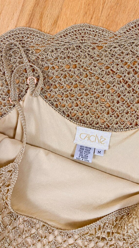 Vintage Y2K Party Dress | 2000s CACHE Metallic Gold Sheer Crochet Spaghetti Strap Maxi Slip Dress | X-small/small