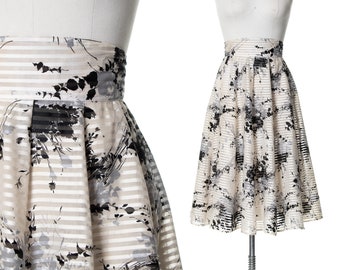 Vintage 1950s Skirt | 50s Floral Printed Cotton Voile Striped High Waisted White Black Full Swing Skirt with Tulle Petticoat (small)