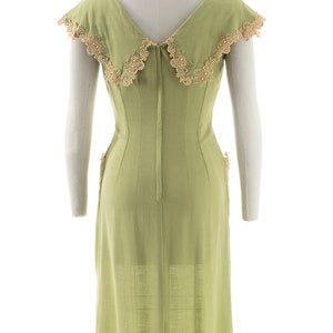 Vintage 1950s Dress 50s Linen Lace Light Green Beaded Rhinestones Wiggle Sheath Day Dress with Pockets small/medium image 4