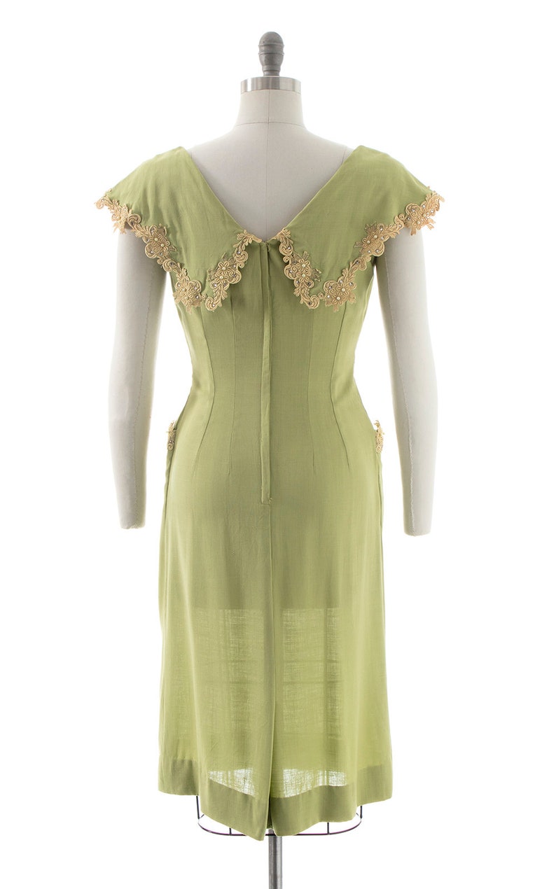 Vintage 1950s Dress 50s Linen Lace Light Green Beaded Rhinestones Wiggle Sheath Day Dress with Pockets small/medium image 4