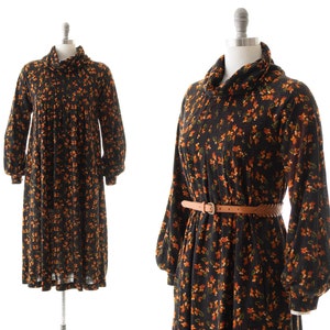 Vintage 1970s Trapeze Dress 70s Floral Print Acrylic Jersey Knit Brown Turtleneck Long Sleeve A-Line Sweater Dress x-small/small/medium image 1