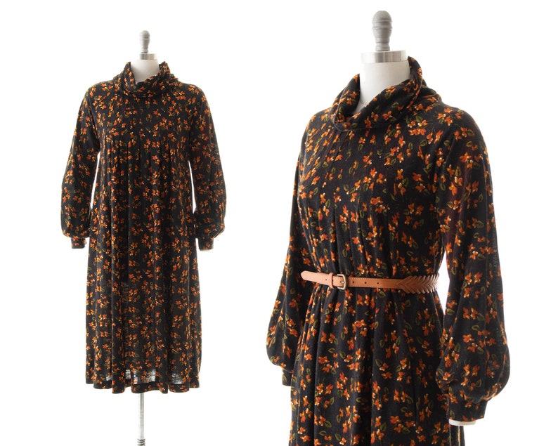Vintage 1970s Trapeze Dress 70s Floral Print Acrylic Jersey Knit Brown Turtleneck Long Sleeve A-Line Sweater Dress x-small/small/medium image 1