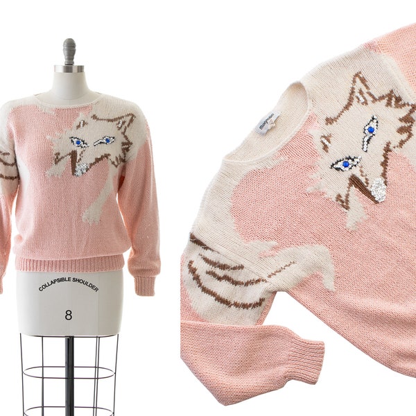 pull vintage des années 1980 | Années 80 Knit Sequin Fox Light Pink Rayon Statement Animal Graphic Nouveauté Imprimer Haut à manches longues (petit/moyen)