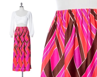 Vintage 1970s Maxi Skirt | 70s JANTZEN Psychedelic Geometric Printed High Waisted Full Length Pink Purple Skirt (small/medium/large)