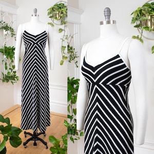 Vintage 1970s Maxi Dress | 70s Chevron Striped Black White Strappy Open Back Sleeveless Sundress | x-small/small