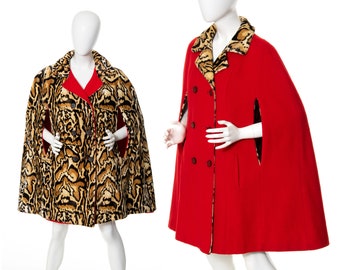 Vintage 1960s Reversible Cape | 60s Leopard Ocelot Animal Print Red Wool Double Breasted Warm Winter Poncho Coat (medium/large/x-large)