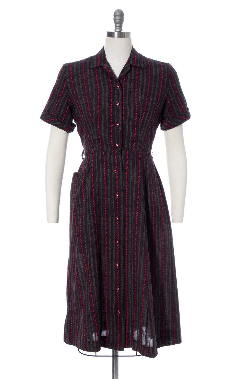 Vintage 1950s Shirt Dress 50s Striped Cotton Black Red Button Up Sheath Wiggle Dress with Pocket medium image 2