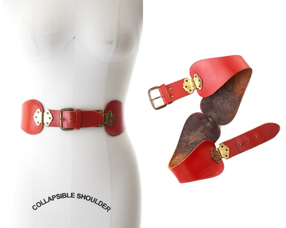 Vintage 1950s Cinch Belt | 50s Red Leather Brass … - image 1