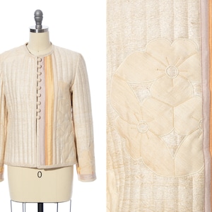 Vintage 1970s 1980s Quilted Jacket | 70s 80s Floral Striped Appliqué Linen Silk Cream Boho Earth Tone Coat (x-small/small)