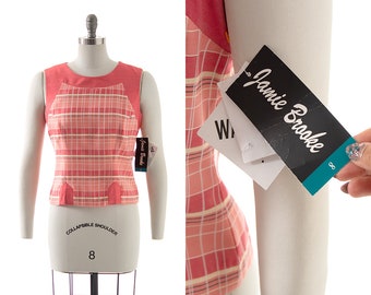 Vintage 1980s Top | 80s Deadstock with Tags Pink Plaid Button Back Sleeveless Blouse (medium)