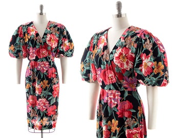 Vintage 1980s Dress | 80s Floral Puff Sleeve Rayon Sheath Wiggle Cocktail Party Day Dress (small)