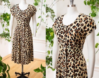 Vintage overhemdjurk uit de jaren 90 | Jaren 90 luipaardprint dierenprint rayon bruine fit flare shirtwaist dagjurk met knopen | medium/groot