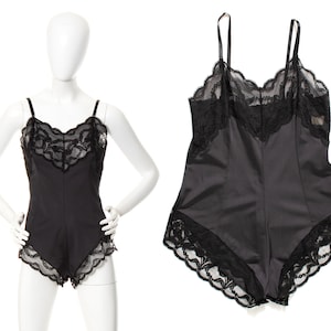 Vintage 1970s 1980s Bodysuit | 70s 80s Black Nylon Lace Spaghetti Bra Straps High French Cut Teddy Nightie Lingerie (small)