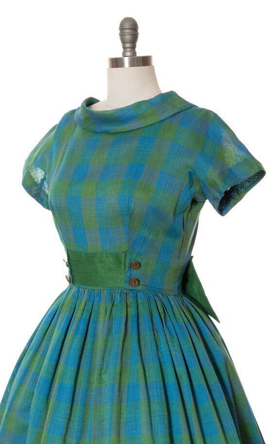 Vintage 1960s Dress | 60s Plaid Cotton Blend Gree… - image 5