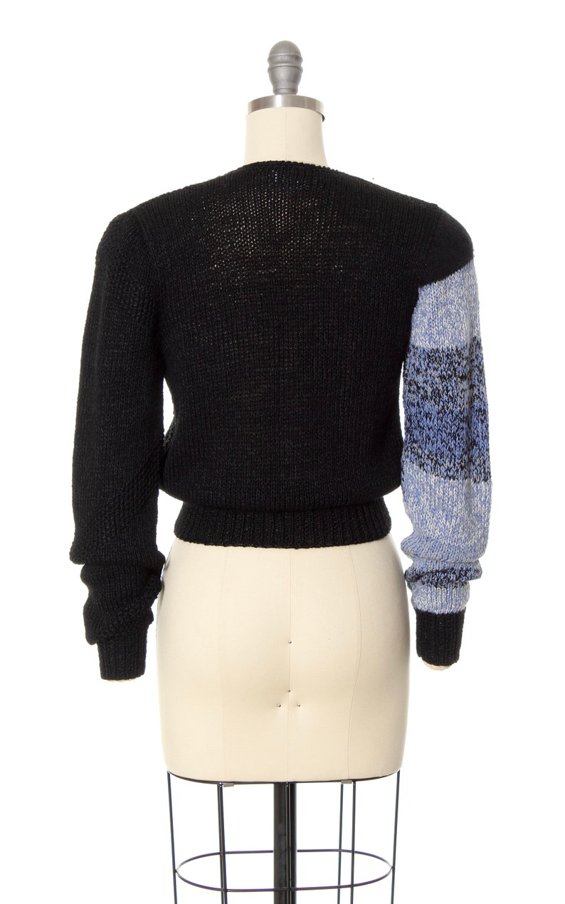 pull vintage des années 1980 Années 80 Tricot Laine Rayonne Angora Rayé Color Block Noir Bleu Manches Longues Preppy Pullover Top x-petit/petit image 5