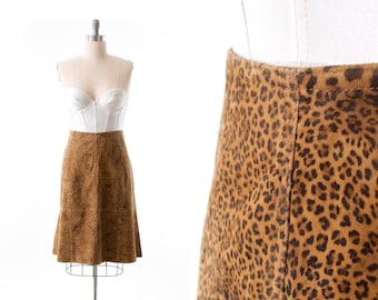 Vintage 1980s Skirt | 80s Suede Leopard Animal Print High Waisted A-Line Skirt (x-large)