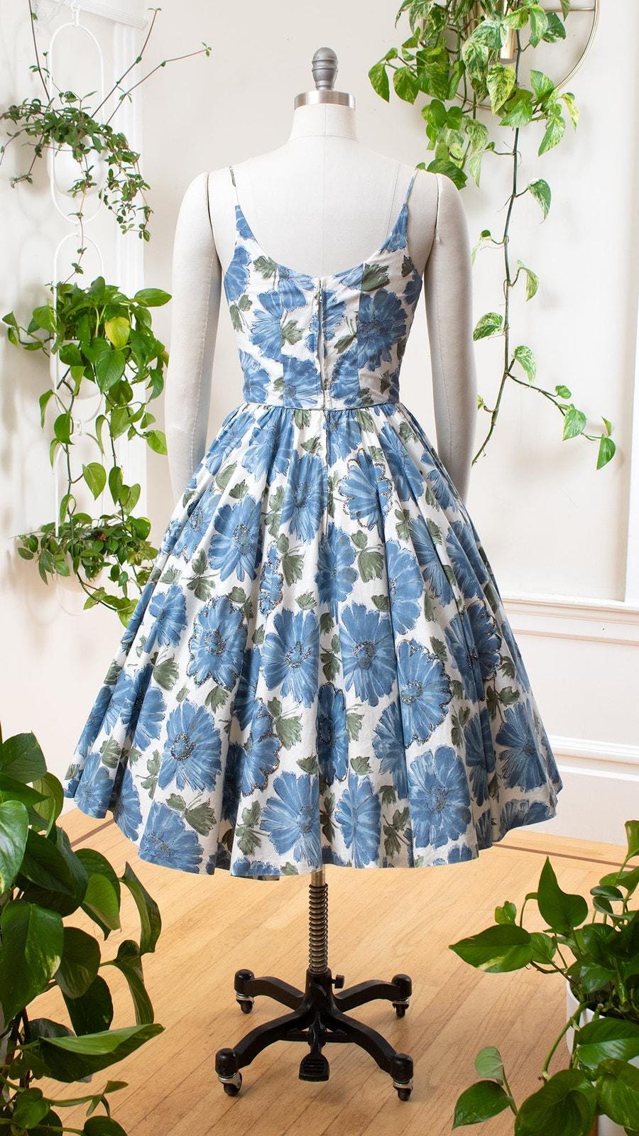 Vintage 1950s Sundress | 50s Blue Floral Print Cotton Circle Skirt Spaghetti Strap Fit and Flare Midi Day Dress | small