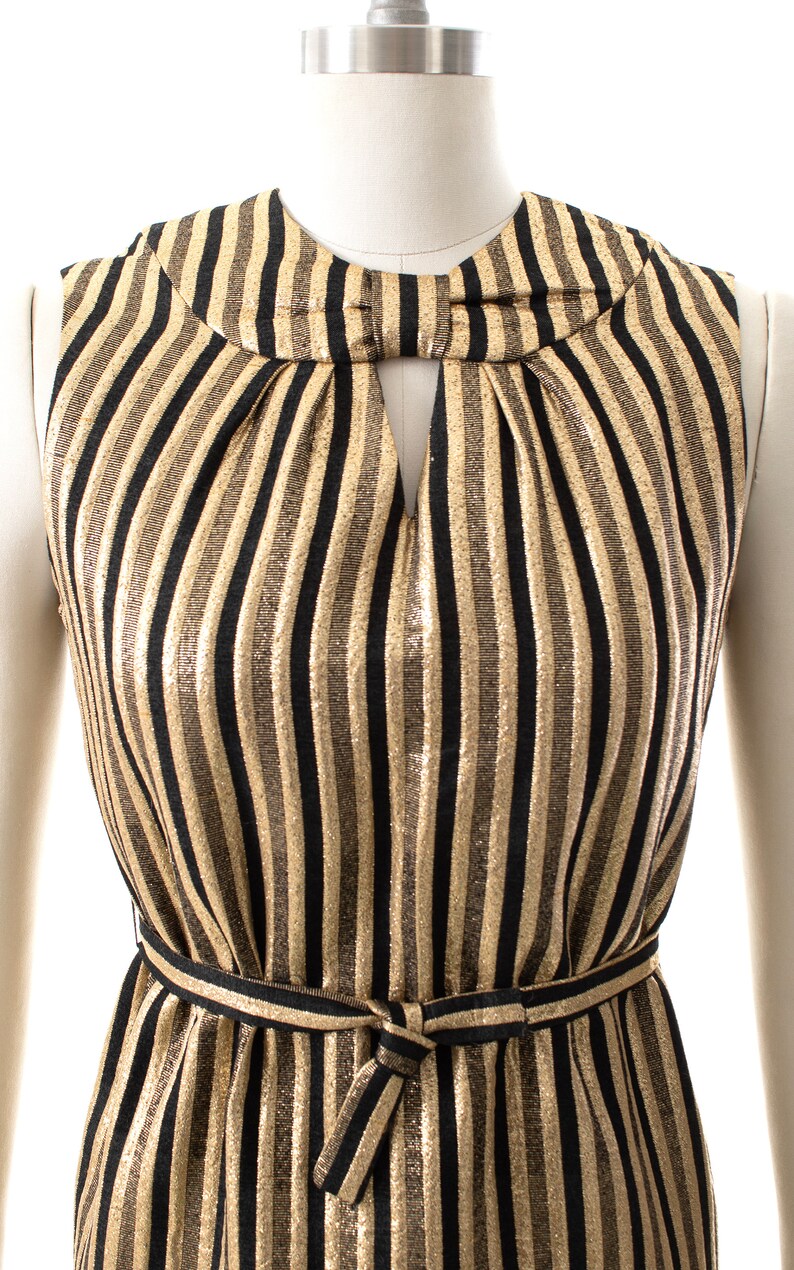 Vintage 1960s Dress 60s Striped Metallic Gold Black Keyhole Belted Shift Sleeveless Evening Holiday Party Dress small image 6