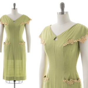 Vintage 1950s Dress 50s Linen Lace Light Green Beaded Rhinestones Wiggle Sheath Day Dress with Pockets small/medium image 1