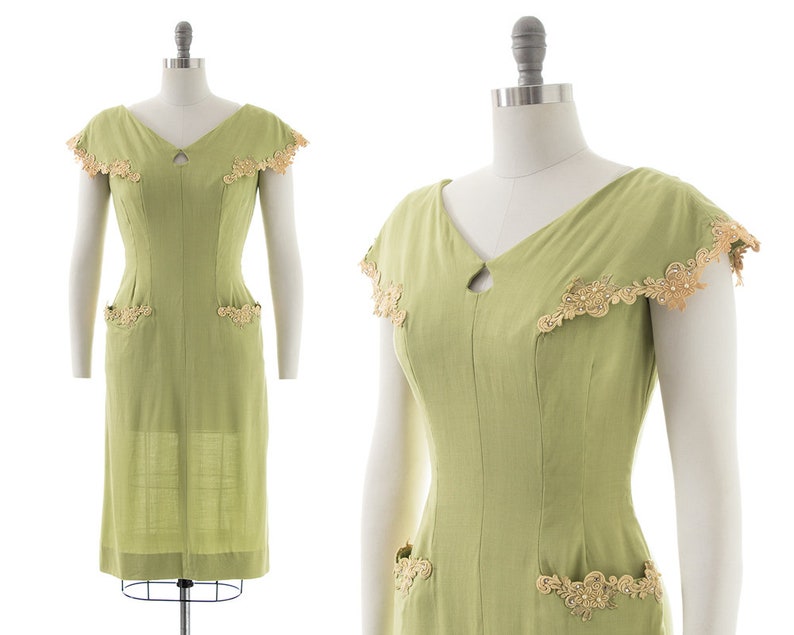 Vintage 1950s Dress 50s Linen Lace Light Green Beaded Rhinestones Wiggle Sheath Day Dress with Pockets small/medium image 1