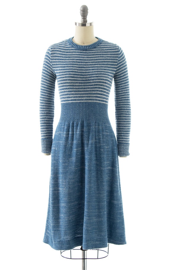 blue and white striped sweater dress Klesis Lightweight Striped Knit Sweater Dress in Light Blue/Ivory S main image 0