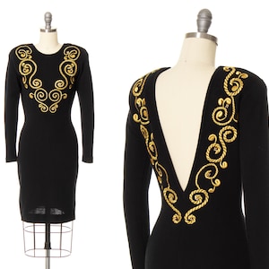 Vintage 1980s Sweater Dress | 80s Black Knit Wool Gold Embroidered Beaded Open Low Cut Back Long Sleeve Wiggle Dress (x-small/small)