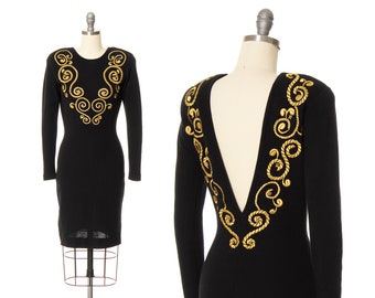 Vintage 1980s Sweater Dress | 80s Black Knit Wool Gold Embroidered Beaded Open Low Cut Back Long Sleeve Wiggle Dress (x-small/small)
