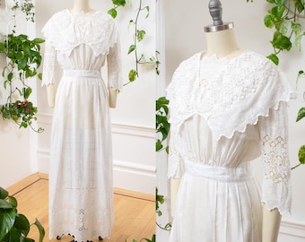 Vestido de té eduardiano antiguo / Vestido de novia largo hasta el suelo con mangas tres cuartos y encaje de algodón blanco de la década de 1910 / pequeño