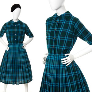 Vintage 1950s Shirt Dress | 50s Wool Plaid Tartan Short Sleeve Pleated Skirt Fit and Flare Shirtwaist Fall Winter Day Dress (x-small/small)