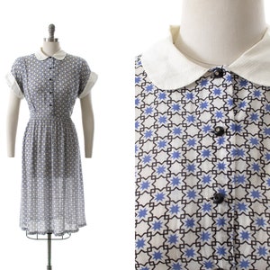 Vintage 1940s Shirt Dress 40s Cold Rayon Geometric Medallion Printed Peter Pan Collar Fit & Flare Shirtwaist Blue White Day Dress medium image 1