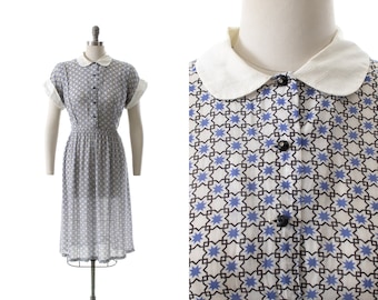 Vintage 1940s Shirt Dress | 40s Cold Rayon Geometric Medallion Printed Peter Pan Collar Fit & Flare Shirtwaist Blue White Day Dress (medium)