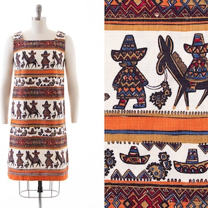 Vintage 1960s Sundress | 60s Mexican Striped Novelty Print Cotton Shift Day Dress with Pockets (small)