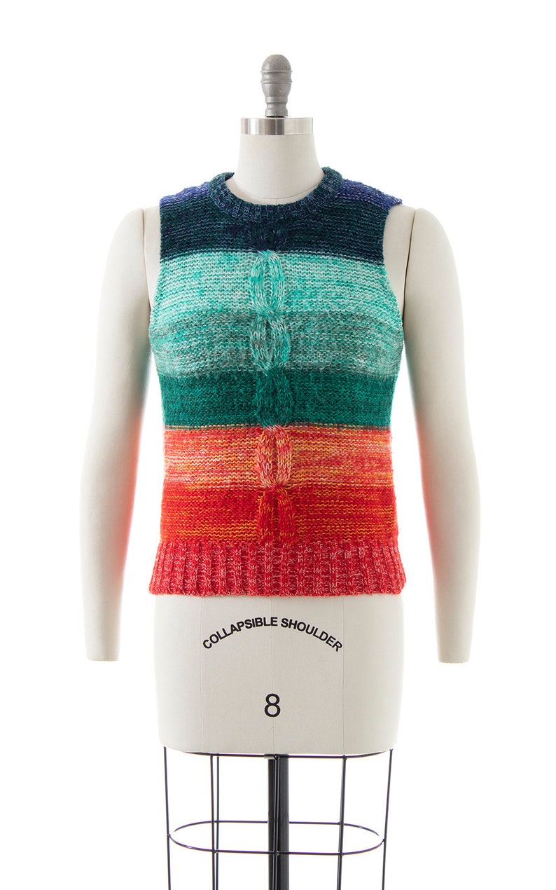 Vintage 1970s Sweater Vest 70s Rainbow Striped Knit Acrylic Sleeveless Fitted Sweater Top small image 2