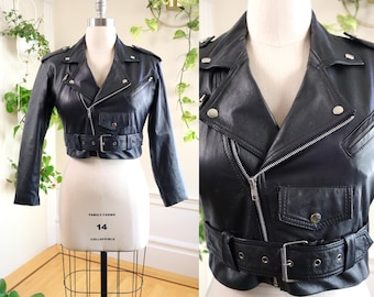 Chaqueta vintage de los años 80 y 90 / Abrigo corto estilo punk de cuero genuino negro WILSONS LEATHER / mediano/grande