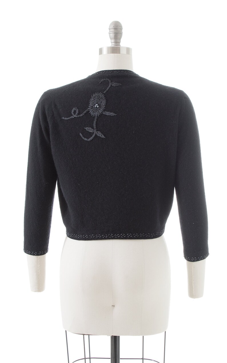 mediumlarge Vintage 1950s Cardigan 50s Floral Beaded Knit Black Wool Cropped Sweater
