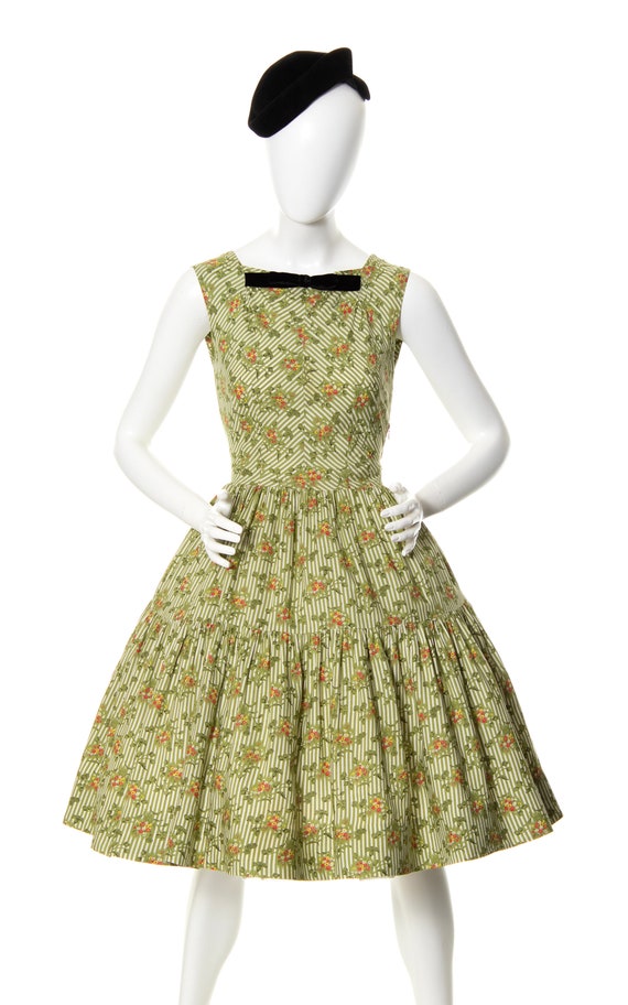 Vintage 1950s Dress | 50s Floral Striped Cotton R… - image 2