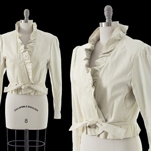 Vintage 1980s Leather Jacket | 80s White Leather Ruffled Cropped Tie Waist Jacket (small/medium)