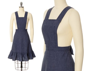 Vintage 1970s Pinafore Skirt | 70s Blue Lightweight Denim Overalls Bib Ruffled Prairie A-Line Skirt (small)