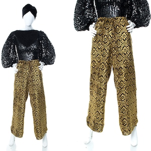 Vintage 2000s Pants | Y2K Burnout Velvet Floral Gold Black High Waisted Wide Leg Trousers (medium)