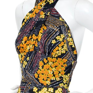 Vintage 1970s Romper 70s Criss-Cross Halter Floral Printed Jersey Flutter Shorts Black Open Back Retro Jumpsuit x-small image 7