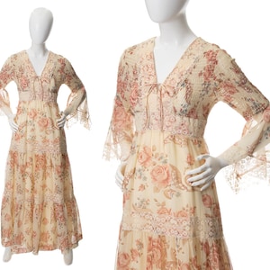 Vintage 1970s Maxi Dress | 70s Gunne Sax Style Rose Floral Cotton Voile Handkerchief Sleeve Cream Boho Flowy Tiered Dress (x-small/small)