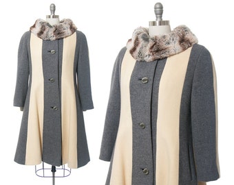 Vintage 1960s Coat | 60s LILLI ANN Fur Collar Striped Wool Princess Coat Grey Gray Cream Winter Swing Coat (medium/large)