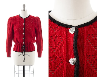 Vintage 1980s Cardigan | 80s does 1940s Austrian Red Hearts Knit Wool Drawstring Long Sleeve Sweater (medium/large)