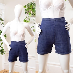 Vintage 1960s Denim Shorts | 60s High Rise Dark Wash Blue Jean Side Zip Summer Shorts | small